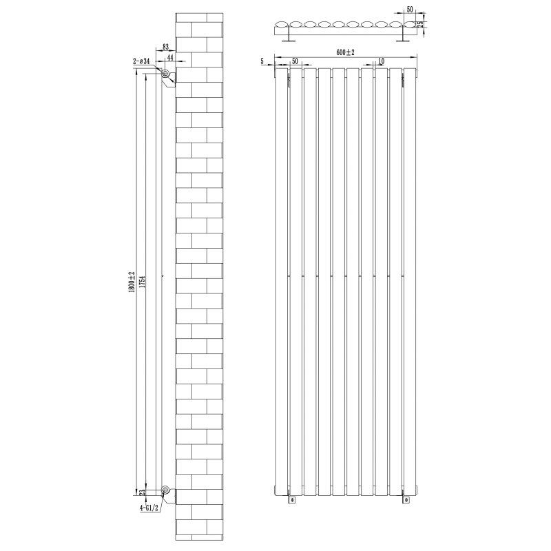 Oval Single Column Radiator - 1800 x 600mm - Anthracite Grey