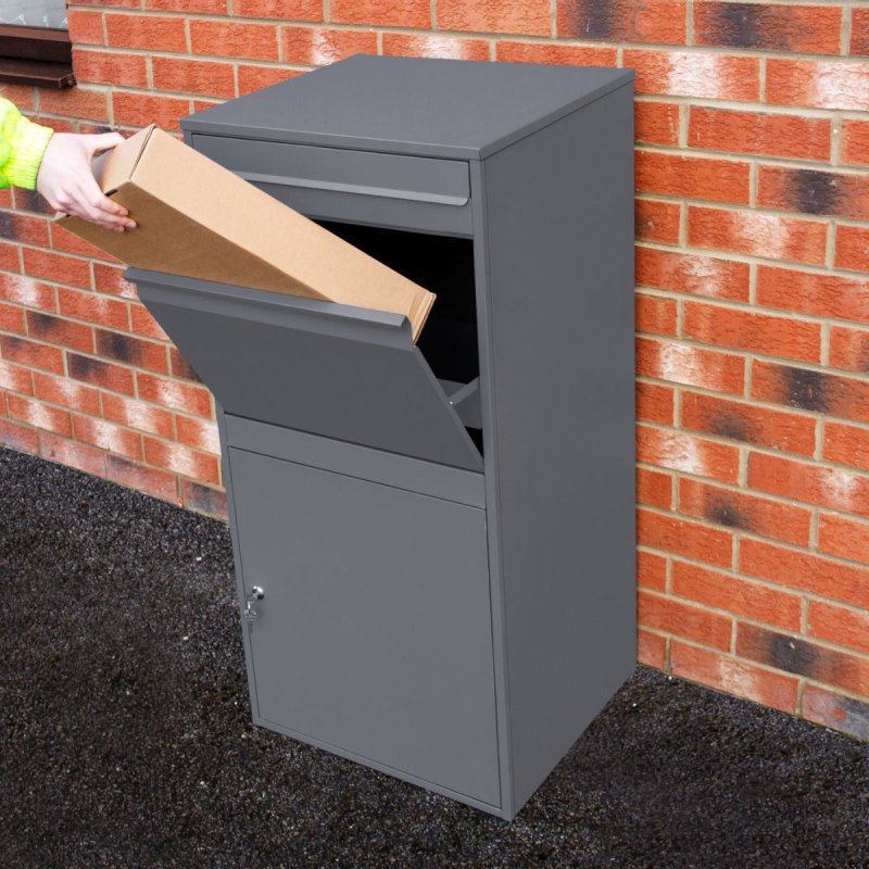 Parcel Post Drop Box XL Grey Steel Outdoor Lockable 2 Keys Letter Mail Package Courier Container Delivery Storage Wall Mount Safe Secure Anti Fishing Scannable Barcode Screwdriver Fixing Kit