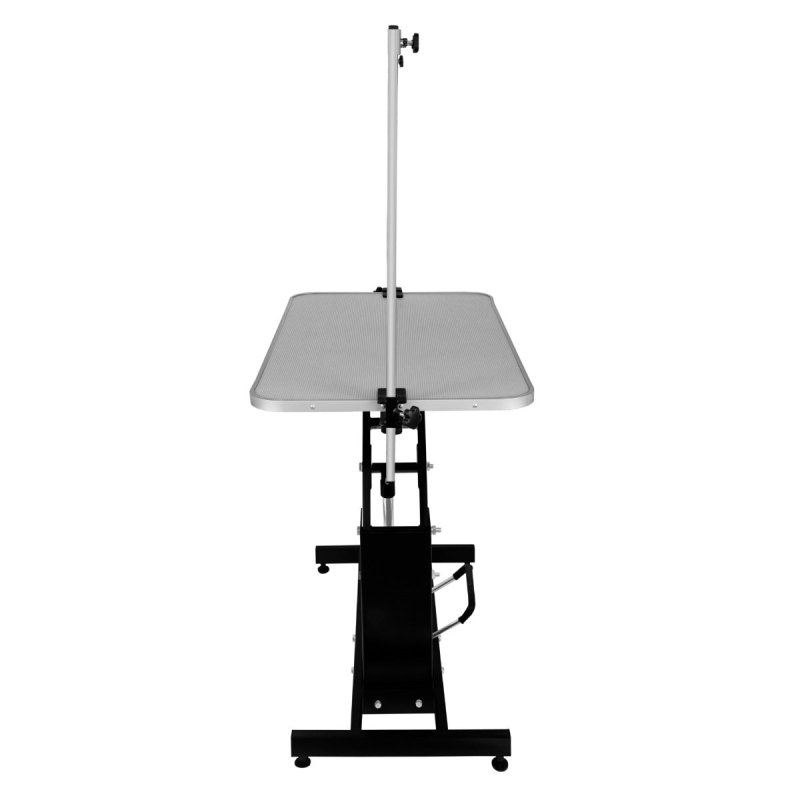 Hydraulic Pet Dog Grooming Table Lift Height Adjustable H Bar 180kg Weight Capacity Large 106cm x 61cm Grey Rubber Top Professional Heavy Duty Steel Black Frame 4 Adaptable Stable Feet 3 Loop Leashes