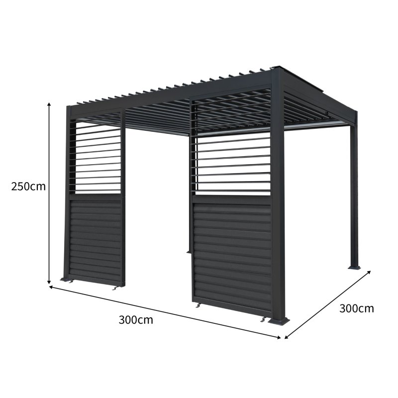 Anthracite Aluminium Pergola With White Blinds, 2 x Side Panels & LED Lights - 3m x 3m