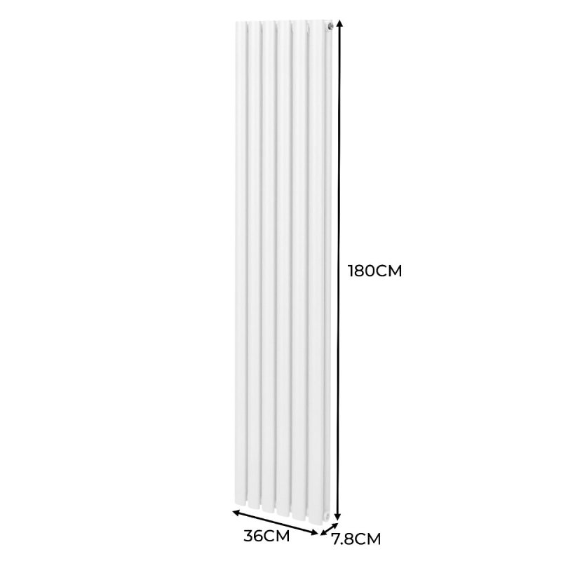 Oval Column Radiator 1800mm x 360mm & TRV Chrome Valves Modern Designer Double Panel Central Heating Heater White Steel Vertical Kitchen Living Room FREE Cleaning Brush Fixing Kit & Brackets
