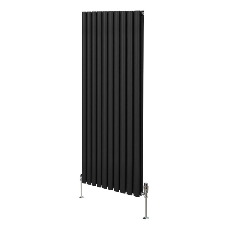 Oval Column Radiator 1600mm x 600mm & TRV Chrome Valves Modern Designer Double Panel Central Heating Heater Black Steel Vertical Kitchen Living Room FREE Cleaning Brush Fixing Kit & Brackets