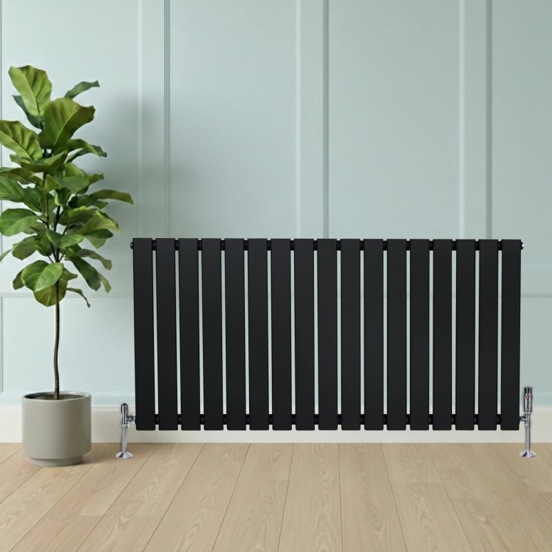 Flat Single Column Radiator & Valves - 600mm x 1190mm - Black