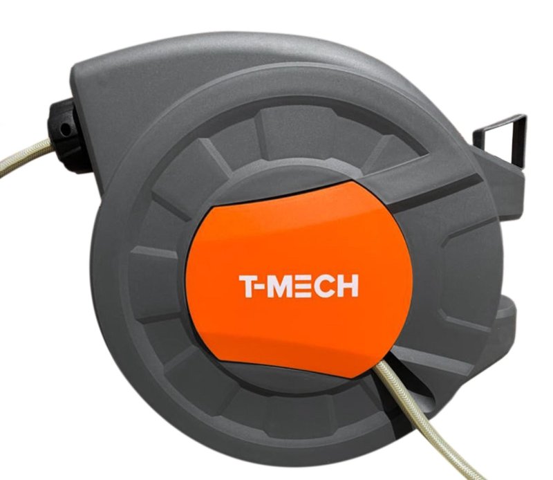 T-Mech Auto Rewind Hose Reel 20m + 2m, Wall-Mounted 8 Spray Nozzle Gun, Neat Retractable Hose-Pipe With Bracket And Fixings, 180?? pivot