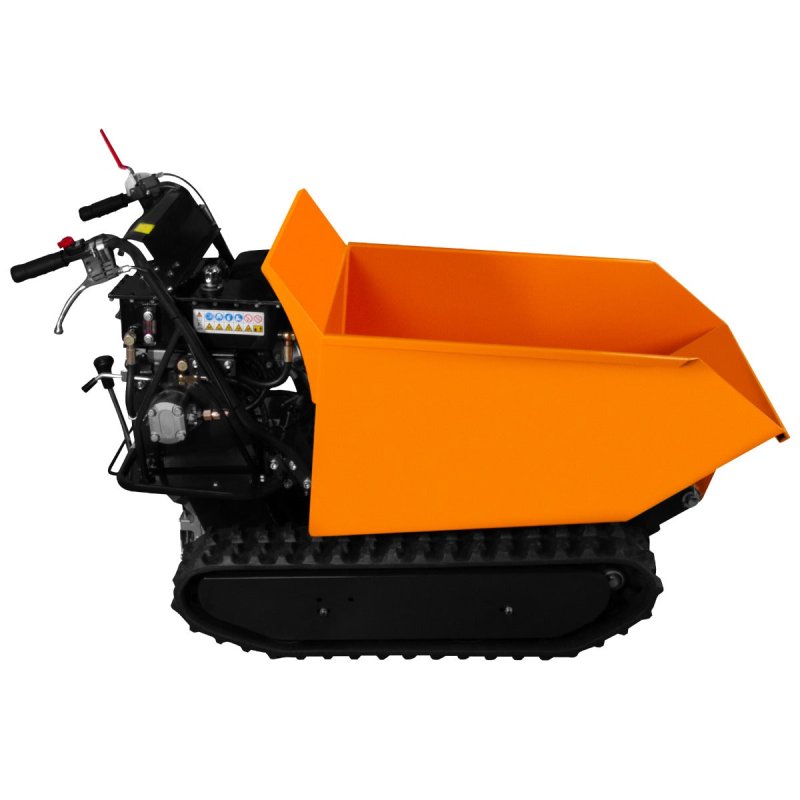 Mini Dumper Tracked Power Barrow 500kg Load Petrol Tipper Transporter 270cc 9HP Hydraulic Tipping 4 Speed Gears 3 Forward 1 Reverse Safety Brake Steel Skip Utility FREE Ramps Snow Shovel Extension Box