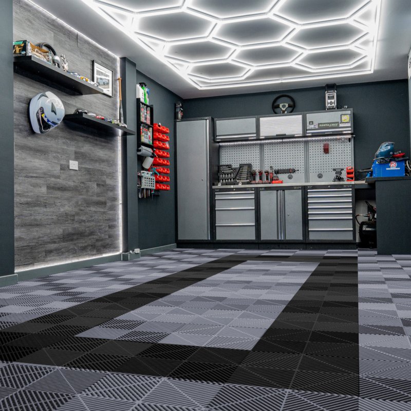 Vented Modular Interlocking Flooring Tiles 90 Grey & 30 Black With Edges & Hexagon LED Lighting 14 White Lights & Border 6500K 3 Mount Options & Suspended Ceiling Kit Single Garage Floor Mat 3.2m x 6m