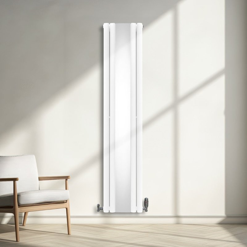 Oval Panel Radiator With Mirror 1800mm x 380mm & TRV Chrome Valves Designer Double Column Vertical White Carbon Steel Wall Mounted Kitchen Living Room Cleaning Brush Fixing Kit & Brackets