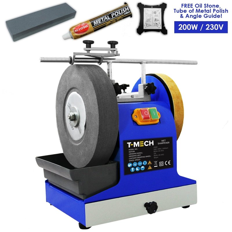 T-Mech Wet Sharpener 200W Flat Oil Stone Metal Polish Leather Stropping Wheel Grinding Jig Tool Sharpen Angle Guide
