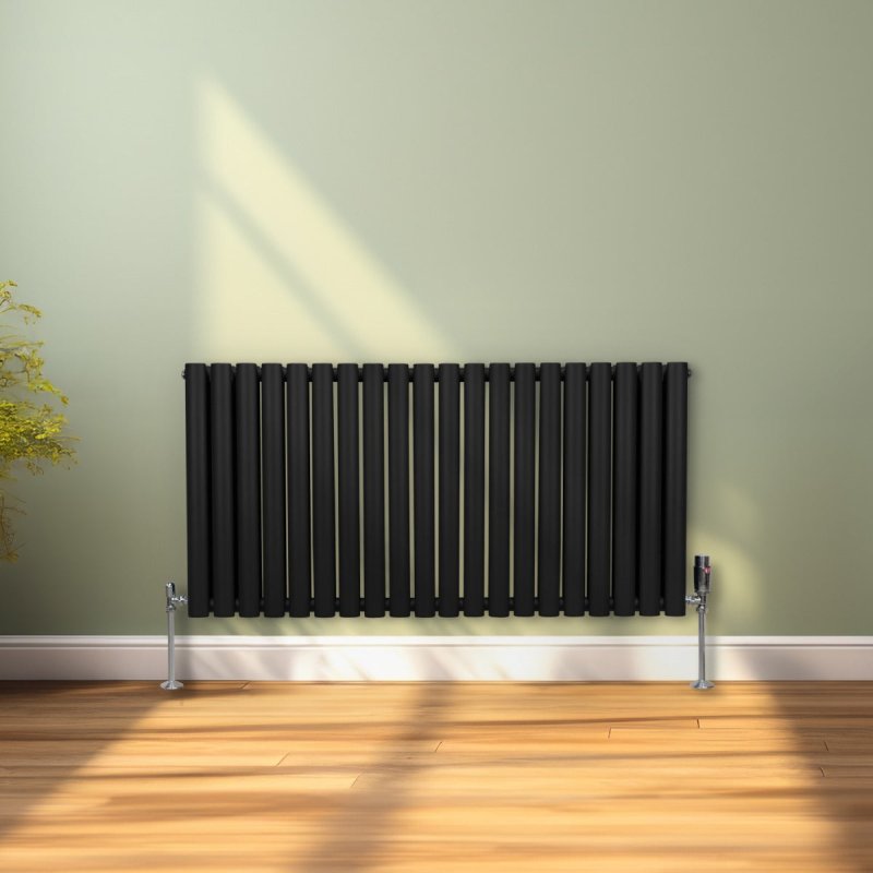 Oval Column Radiator 600mm x 1200mm & TRV Chrome Valves Modern Designer Double Panel Central Heating Heater Black Steel Horizontal Kitchen Living Room FREE Cleaning Brush Fixing Kit & Brackets