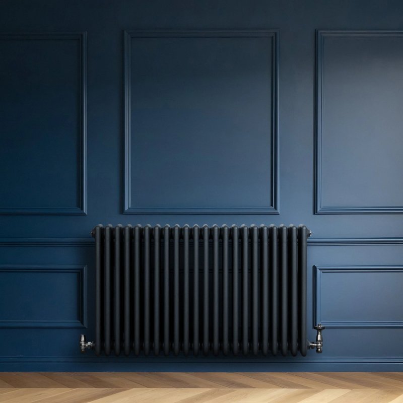 Traditional 4 Column Radiator & Valves - 600 x 1010mm - Anthracite Grey