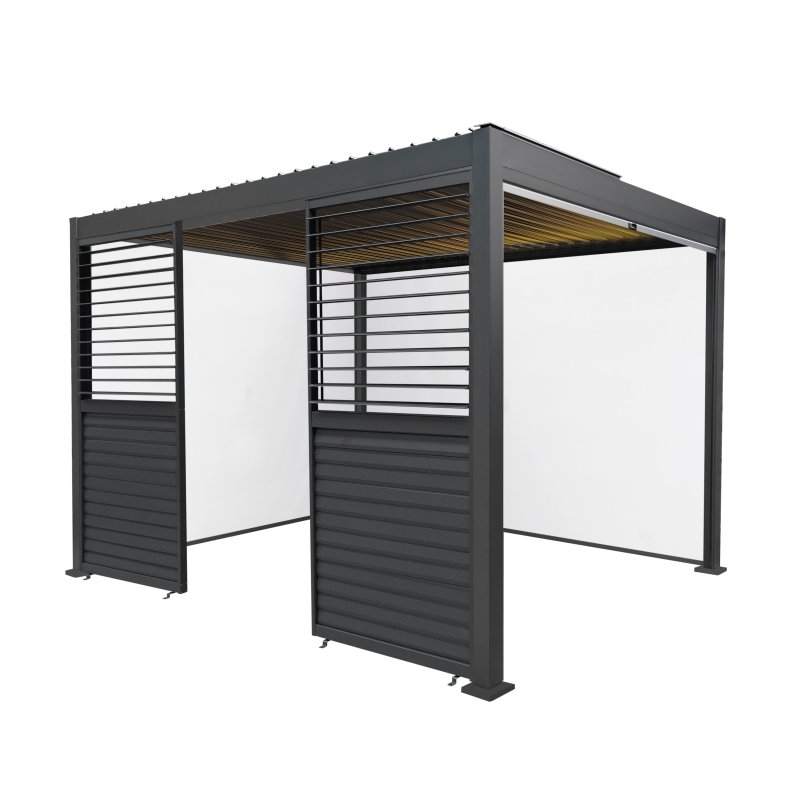 Anthracite Aluminium Pergola With White Blinds, 2 x Side Panels & LED Lights - 3m x 3m