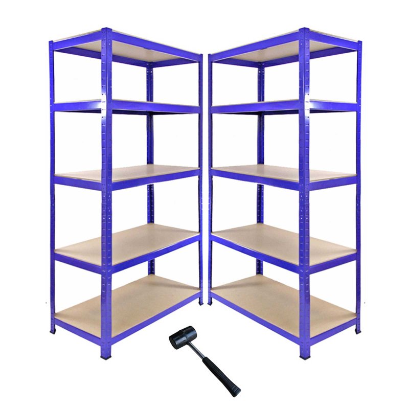 1 x Corner Garage Racking Unit & 2 x Single Racking Storage Units / 5 T-Rax Blue Steel & MDF Shelves / 4125kg capacity / 265kg per shelf / Free Rubber Mallet