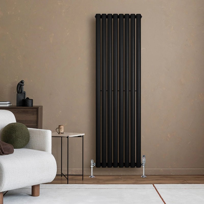 Oval Single Column Radiator & Valves - 1600mm x 480mm - Black