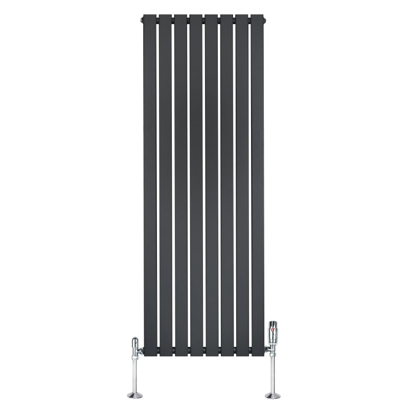 Flat Single Column Radiator & Valves - 1600mm x 560mm - Anthracite Grey