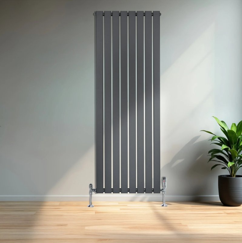 Flat Single Column Radiator & Valves - 1600mm x 560mm - Anthracite Grey
