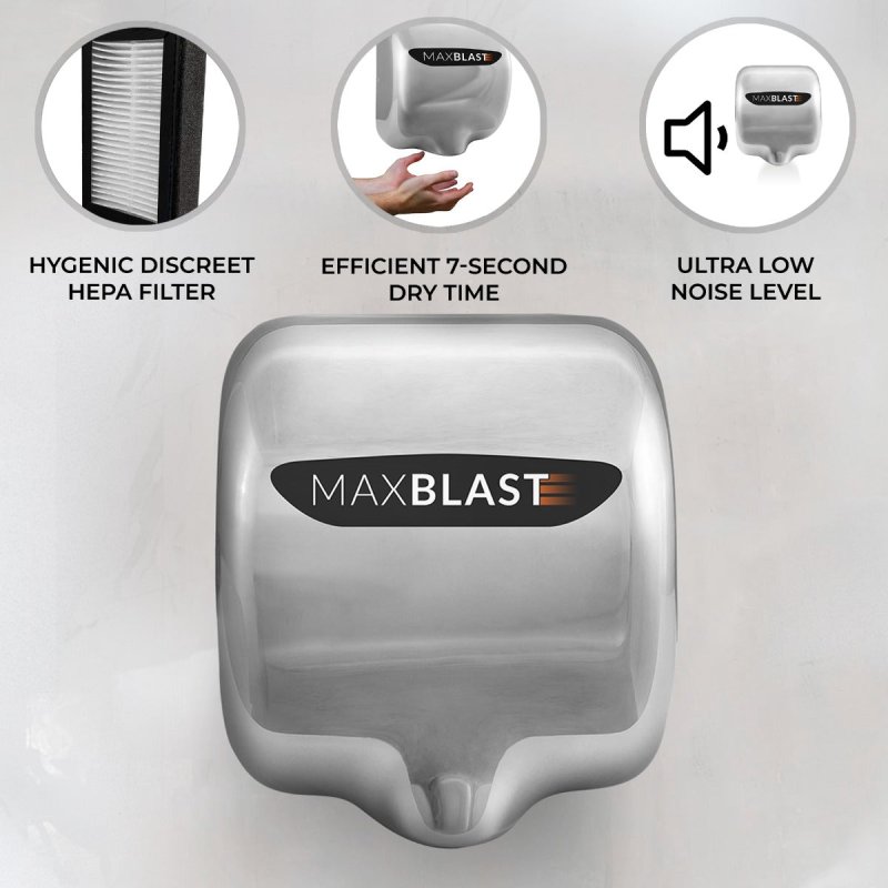Maxblast Automatic Hand Dryer HEPA Filter High Speed Commercial Toilet Bathroom Energy Saving Electric 7 Second Dry Time Auto Cut Off Polished Stainless Steel Silver 72DB Wall Mounted FREE Fixing Kit