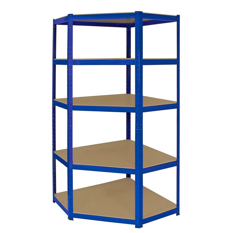 1 x Corner Garage Racking Unit & 2 x Single Racking Storage Units / 5 T-Rax Blue Steel & MDF Shelves / 4125kg capacity / 265kg per shelf / Free Rubber Mallet