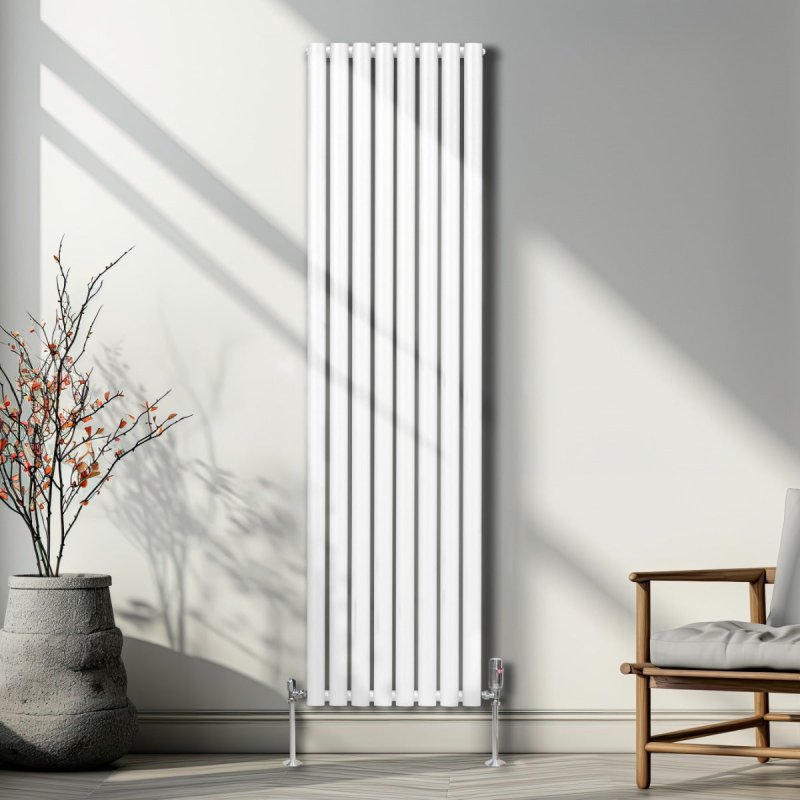 Oval Column Radiator 1800mm x 480mm Modern Designer Double Panel Central Heating Heater Gloss White Carbon Steel Vertical Kitchen Living Room Bathroom FREE Cleaning Brush Fixing Kit & Brackets