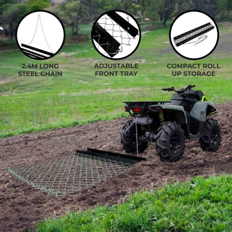 Drag Harrow 4ft Wide x 5ft Long 2.4m / 8ft Chain Snap Hooks ATV UTV Tractor Lawn Rake Levelling Drag Mat Q235 Steel 3mm Thick Adjustable Front Tray Garden Gravel Agriculture Farming Field Landscaping