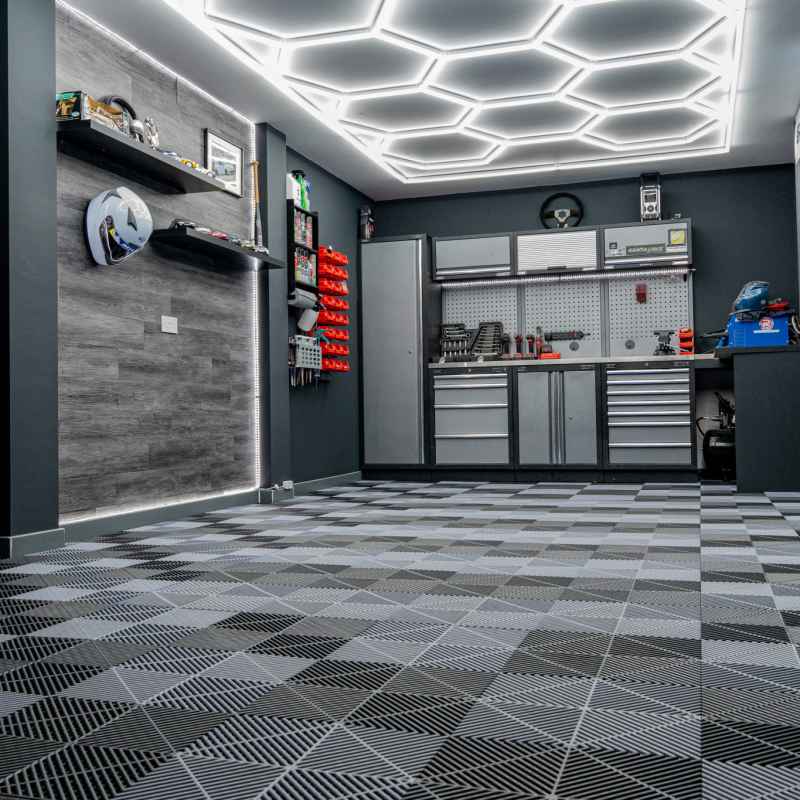Vented Modular Interlocking Flooring Tiles 60 Black & 60 Grey With Edges & Hexagon LED Lighting 14 White Lights & Border 6500K 3 Mount Options & Suspended Ceiling Kit Single Garage Floor Mat 3.2m x 6m