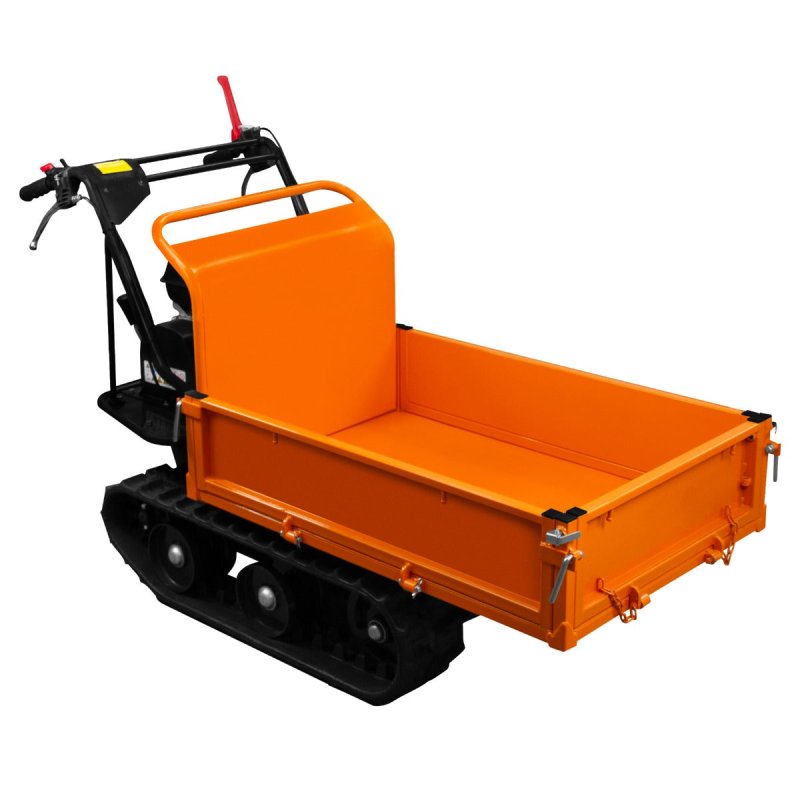 Mini Dumper Tracked Power Barrow Petrol Transporter 300kg 196cc 6.5HP Drop Side Front Cargo Manual Gas Sprung Tipping 4 Speed Gears 3 Forward 1 Reverse Safety Brake Steel Skip Loader 2 FREE Ramps