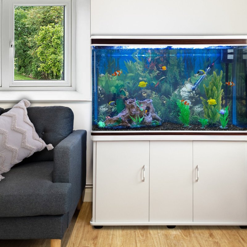 MonsterShop Fish Tank Aquarium & Starter Accessories, White Cabinet, Black Gravel, 4ft, 300L