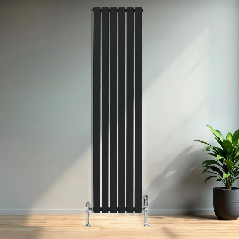 Flat Single Column Radiator & Valves - 1800mm x 420mm - Black