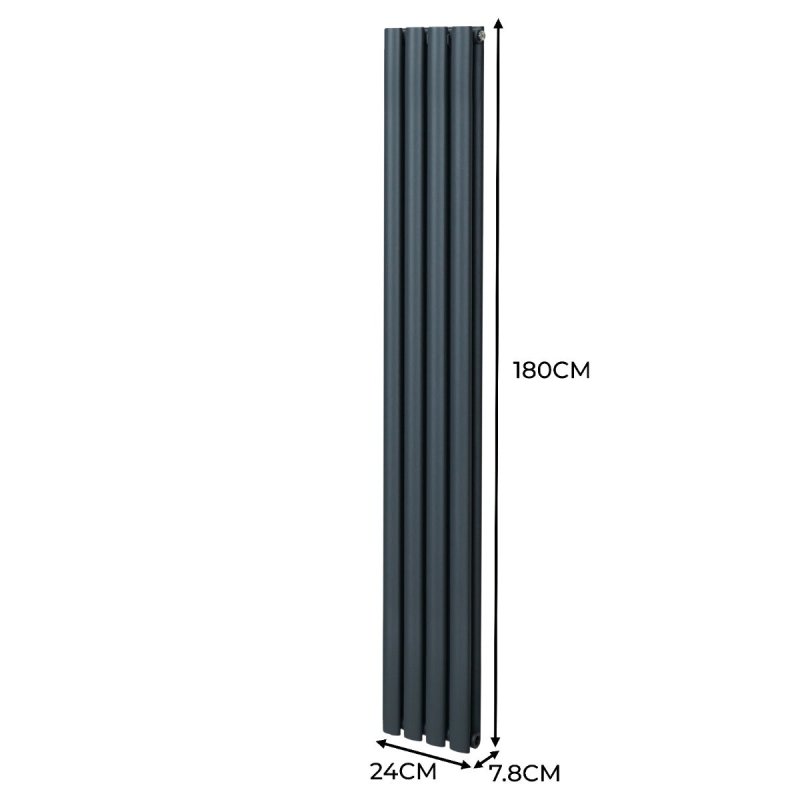 Oval Column Radiator 1800mm x 240mm & TRV Chrome Valves Modern Designer Double Panel Central Heating Heater Anthracite Grey Steel Vertical Kitchen Living Room FREE Cleaning Brush Fixing Kit & Brackets