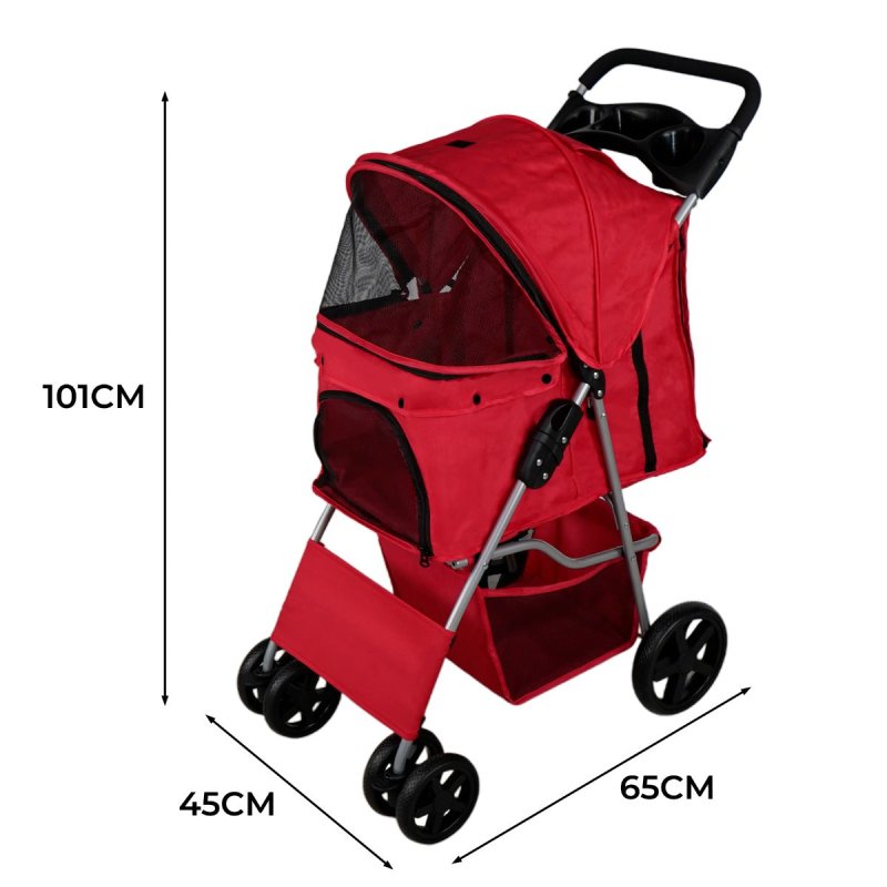 Pet Stroller Pushchair Red Carrier Foldable Trolley Travel Cart 15kg Capacity 4 Wheels Brakes Cat Dog Safety Snap Hook Leash Cushion Canopy Mesh Windows Basket Cup Holders FREE Waterproof Rain Cover