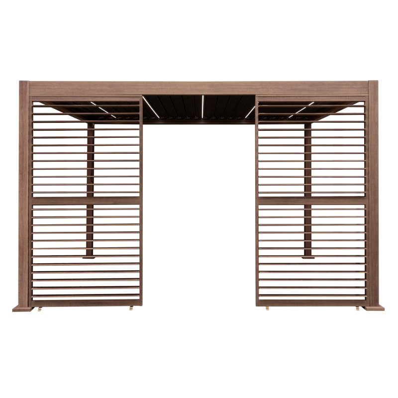 Wood Effect Aluminium Pergola With LED Lights & 2 x Side Panels - 4m x 3m