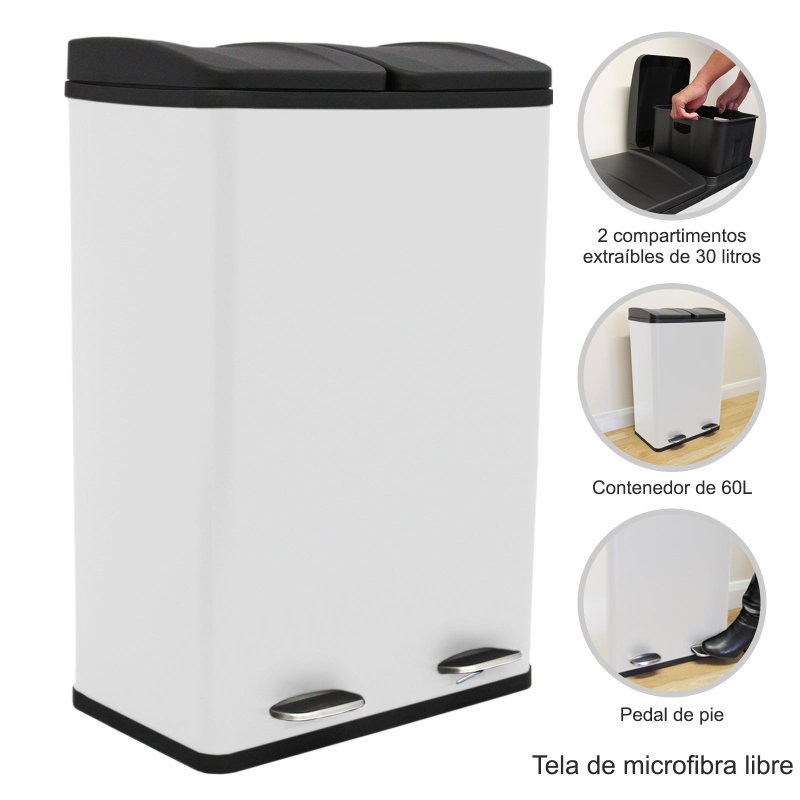 Recycling Pedal Bin Double Compartments Large 60L Rubbish Capacity Heavy-duty Metal Dustbin In White Kitchen Waste Garbage Dual Trash Can Eco