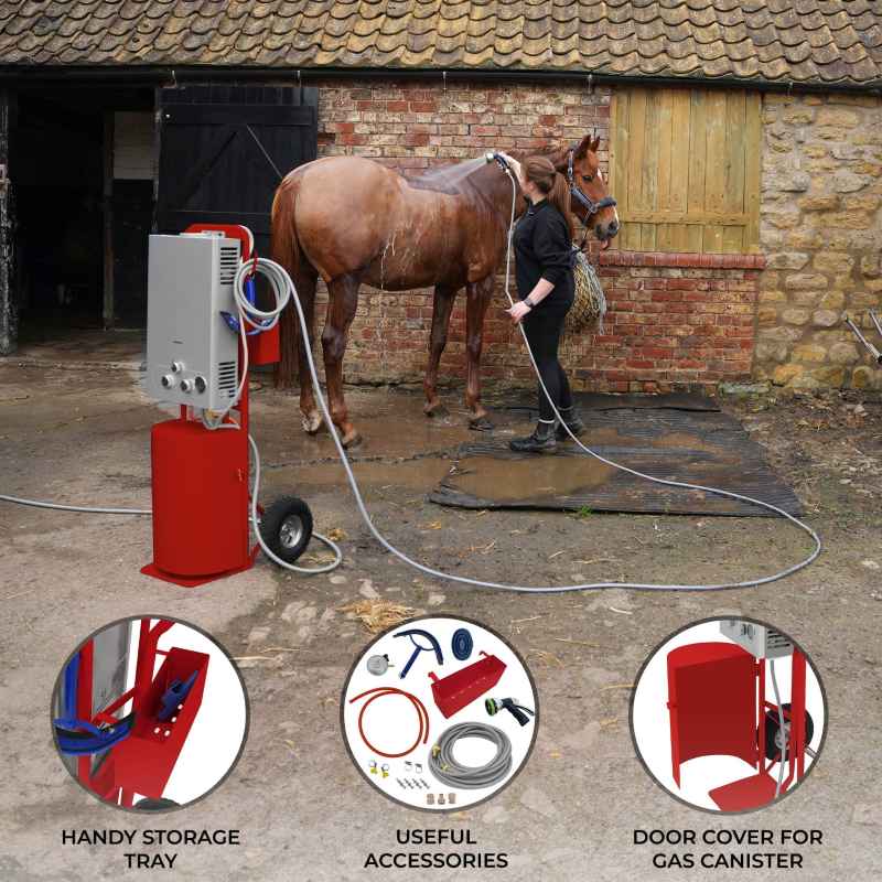 Portable Horse Shower With Steel Trolley Red 18L Tankless Instant Hot Water Gas Boiler LPG Heater 10m Water Hose & 9-Pattern Spray Gun Camping Outdoor 10