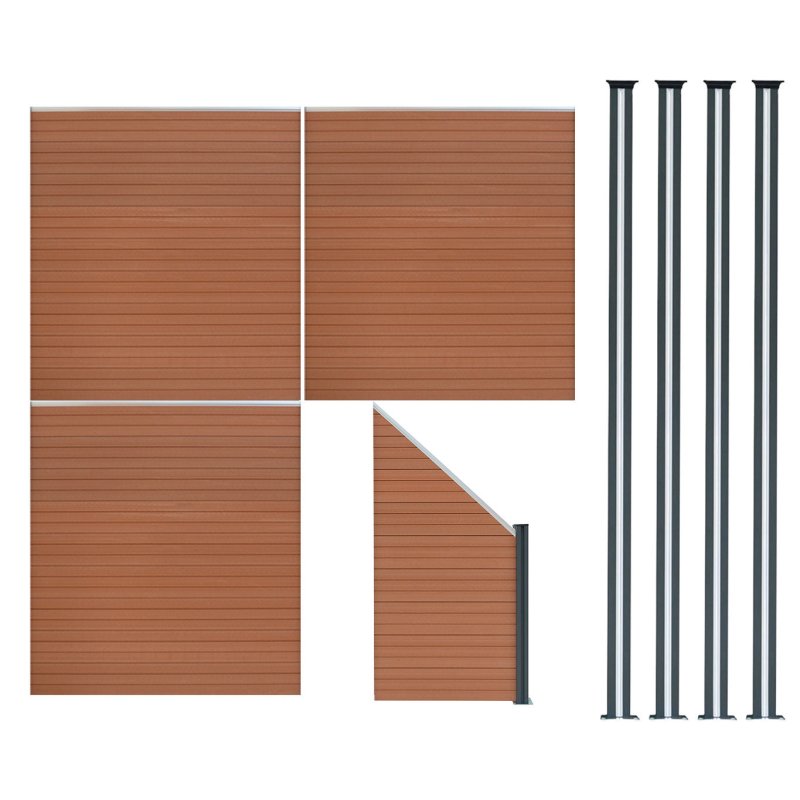 Composite Fence Panels, Angled Piece & LED Posts 6ft x 20ft - Brown