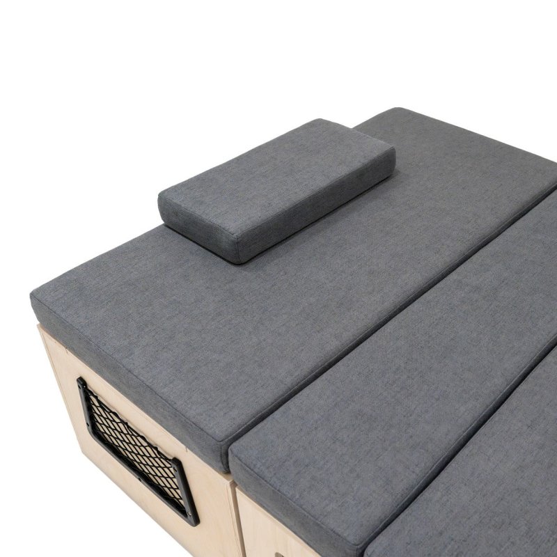 L-Shape Camper Van Sofa Bed & Cushions 1800 x 1200mm Sliding Pull Out Design Under Bench Storage & 2 x Nets Versatile Vehicle Compatibility Birch Wood 8cm Thick Mattress Washable Covers Fixing Kit