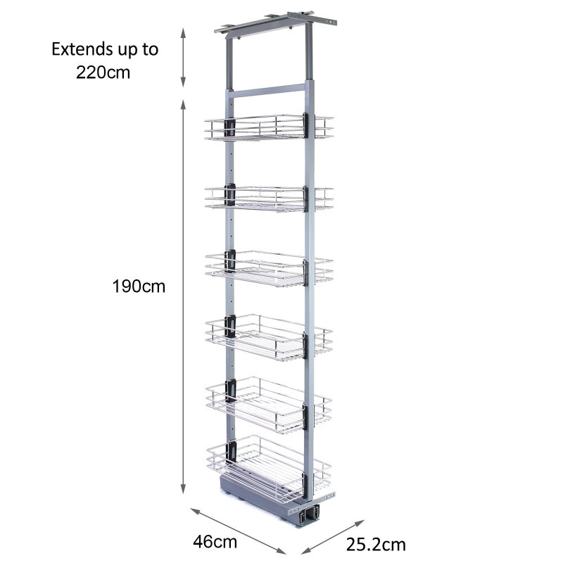 KuKoo Pull Out Kitchen Larders, 46cm D, 190-220cm H, Soft Close Slide Out, Storage Cabinet Wire Baskets
