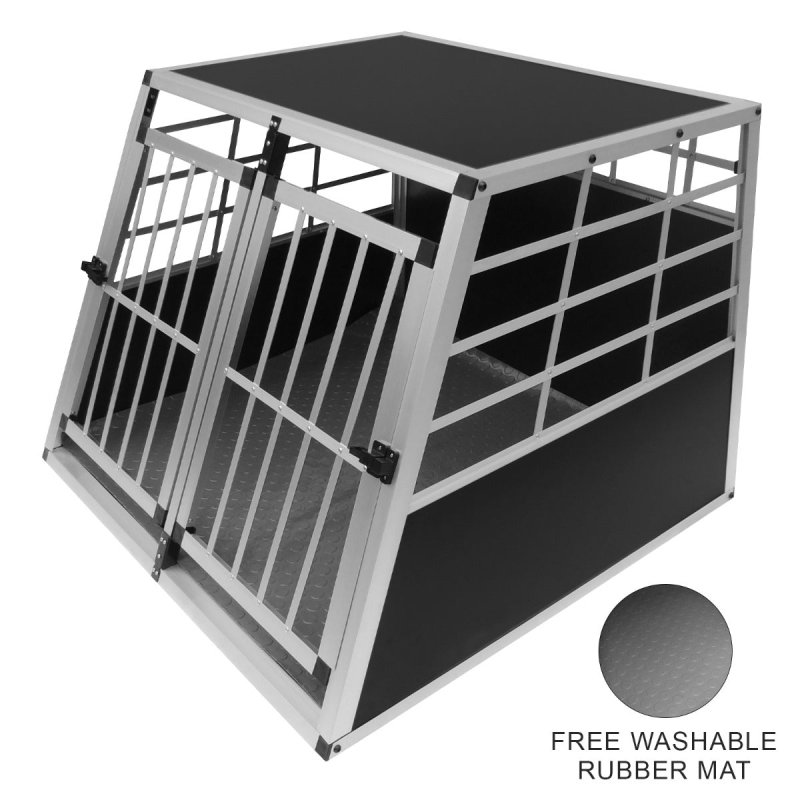Pet Car Transport Crate Cage Large Aluminium Travel Box Trapezoidal Dog Cat Puppy Carrier Estate Vehicle 2 Doors 69 x 97 x 90cm | FREE Plastic Washable Mat