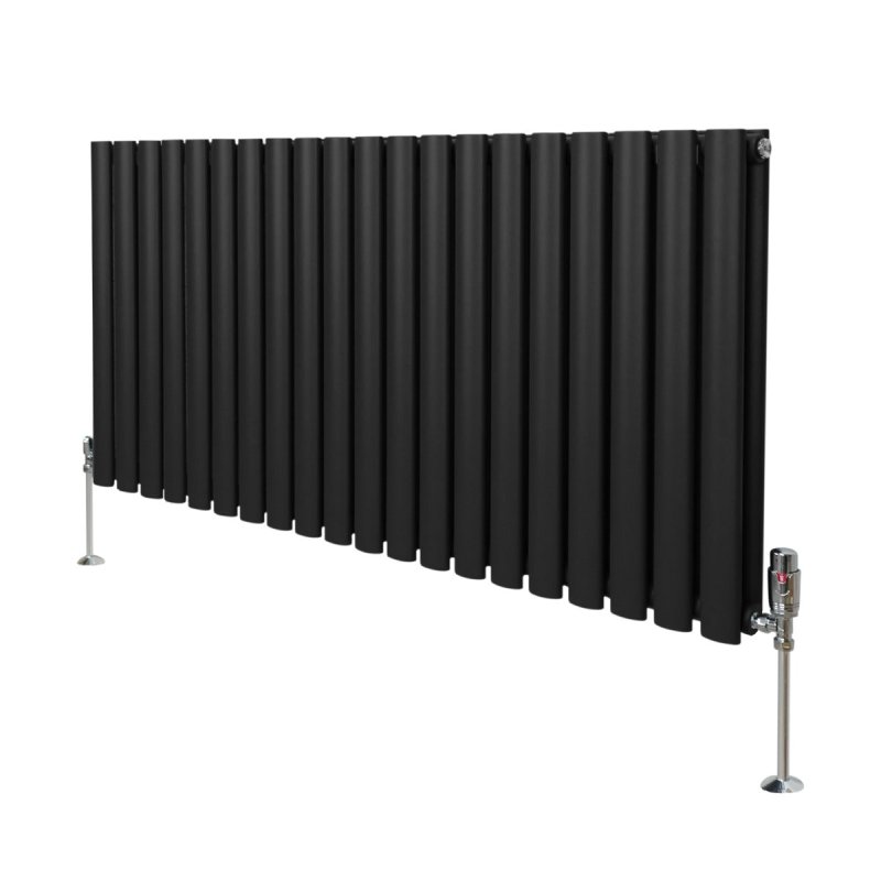 Oval Column Radiator 600mm x 1200mm & TRV Chrome Valves Modern Designer Double Panel Central Heating Heater Black Steel Horizontal Kitchen Living Room FREE Cleaning Brush Fixing Kit & Brackets