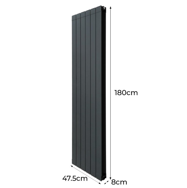 Aluminium Designer Radiator 1800mm x 475mm & TRV Chrome Valves Vertical Double Flat Panel Column Lightweight Modern Heater Matt Anthracite Grey Kitchen Living Room Cleaning Brush Fixing Kit Brackets