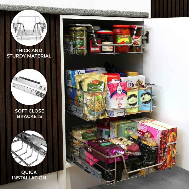 KuKoo 5 x Kitchen Pull Out Soft Close Baskets, 300mm Wide Cabinet, Slide Out Wire Storage Drawers