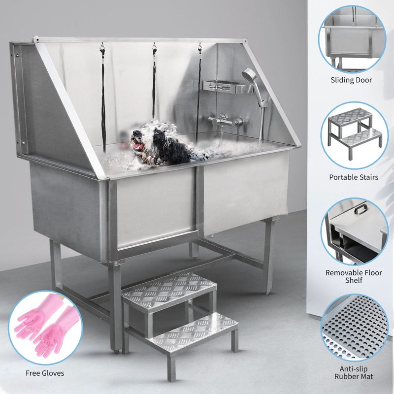 Dog Bath Professional Stainless Steel  Pet Grooming Station 600mm Extra-Large Heavy Duty Metal Wash-Tub Groomer Walk In Shower Clean | With Mixer Tap And Drainage Kit | FREE Gloves