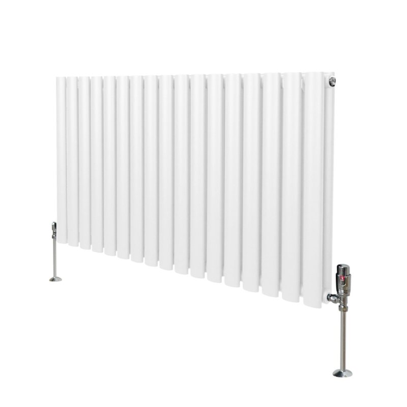 Oval Column Radiator 600mm x 1020mm & TRV Chrome Valves Modern Designer Double Panel Central Heating Heater White Steel Horizontal Kitchen Living Room FREE Cleaning Brush Fixing Kit & Brackets