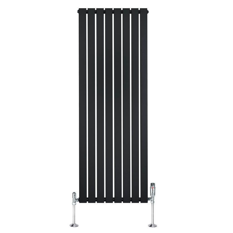 Flat Single Column Radiator & Valves - 1600mm x 560mm - Black