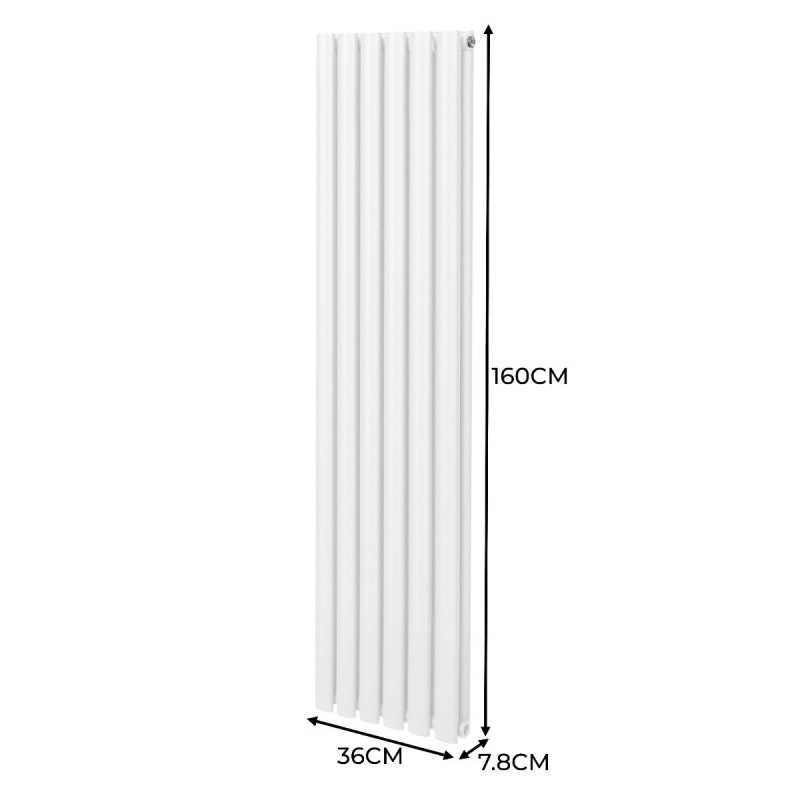 Oval Column Radiator 1600mm x 360mm & TRV Chrome Valves Modern Designer Double Panel Central Heating Heater White Steel Vertical Kitchen Living Room FREE Cleaning Brush Fixing Kit & Brackets