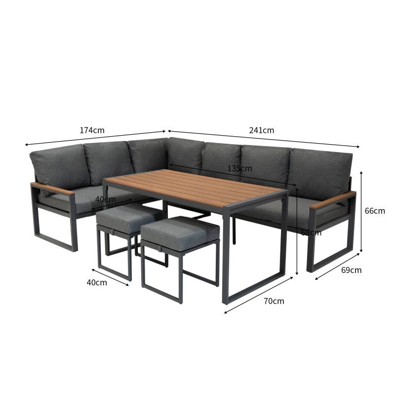 Aluminium Corner Sofa Set With Black Rattan Storage Box - Wood Effect