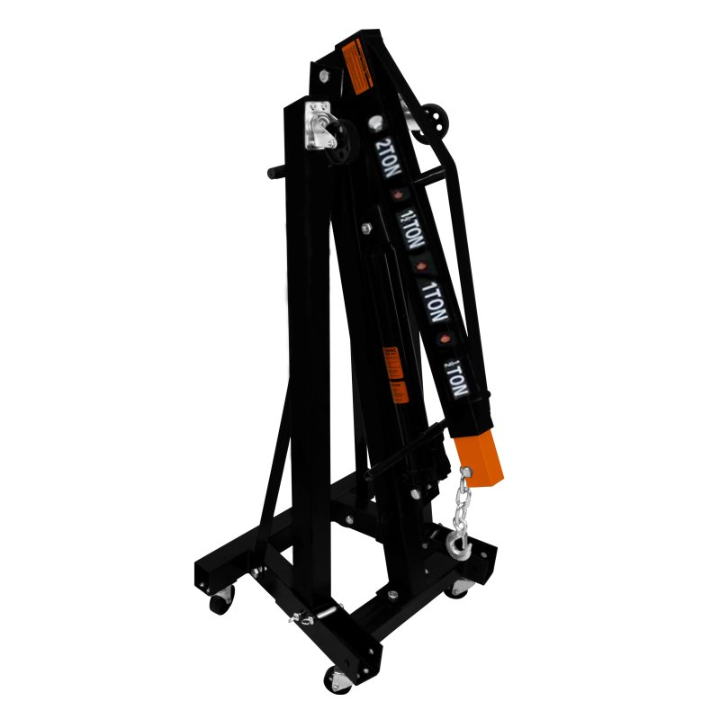Engine Crane 2 Tonne Ton 2000kg Hydraulic Pump Handle Folding Legs Hoist Lift Jack Stand Handle 6 Portable Heavy Duty Wheels Workshop Garage 4 JIB Positions Chain Hook Black Powder Coated Steel