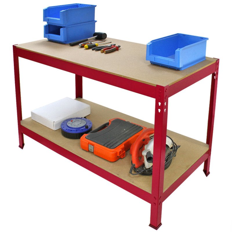 Workbench Garage Table Metal Storage Shelving DIY Tools Heavy Duty Work Bench Workshop Shed / 2 Shelves 90cm x 100cm x 60cm / Red