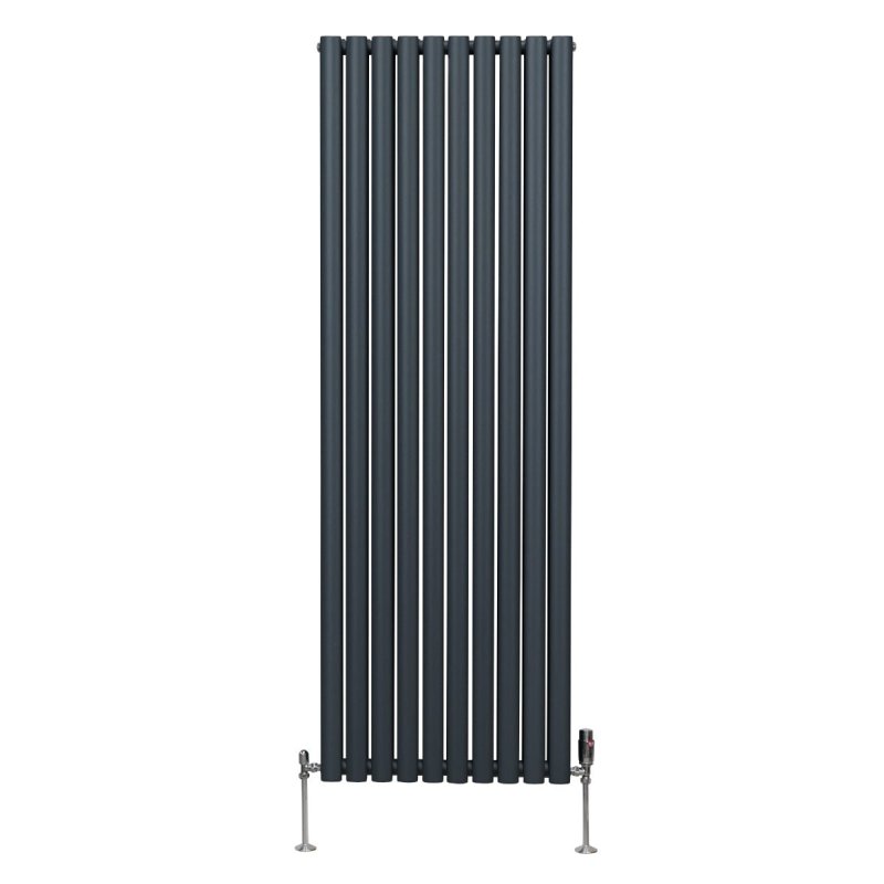 Oval Column Radiator 1800mm x 600mm & TRV Chrome Valves Modern Designer Double Panel Central Heating Heater Anthracite Grey Steel Vertical Kitchen Living Room FREE Cleaning Brush Fixing Kit & Brackets