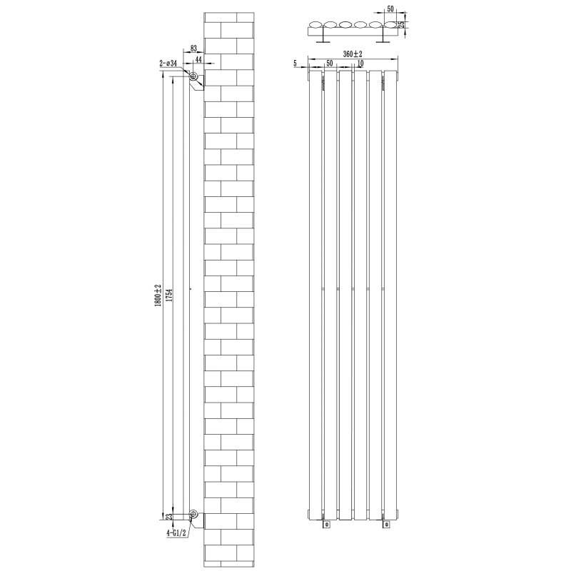 Oval Single Column Radiator & Valves - 1800mm x 360mm - Black