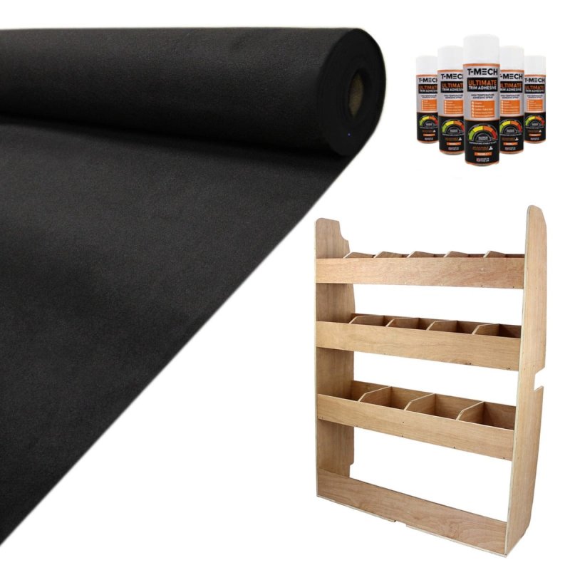 Van Lining Carpet Super Stretch + Glue & Ford Transit Custom Racking Bundle, 11m2 Black, Van Racking, Vans, Motor Homes, Cars, Shelving Unit with 4 Shelves, 12mm Plywood, 4 Tier Racking Unit