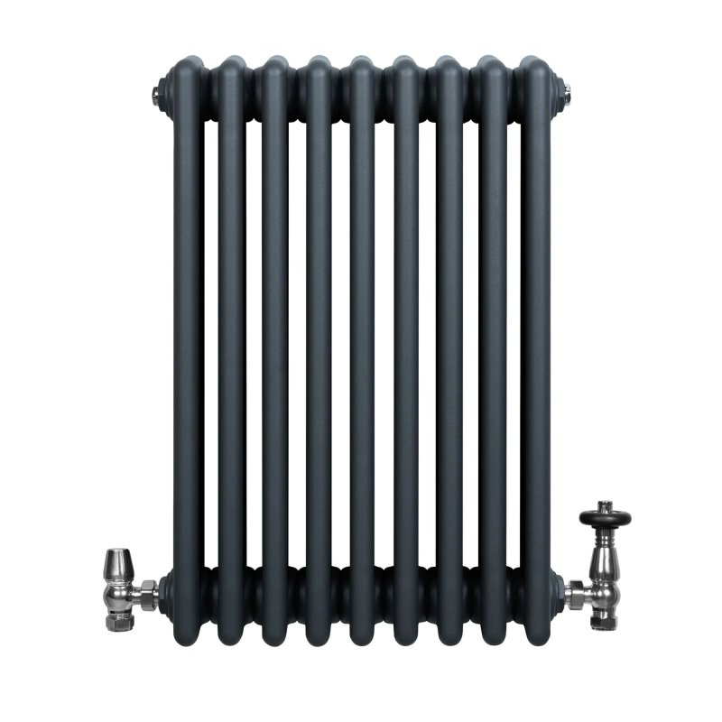 Traditional 4 Column Radiator & Valves - 600 x 425mm - Anthracite Grey